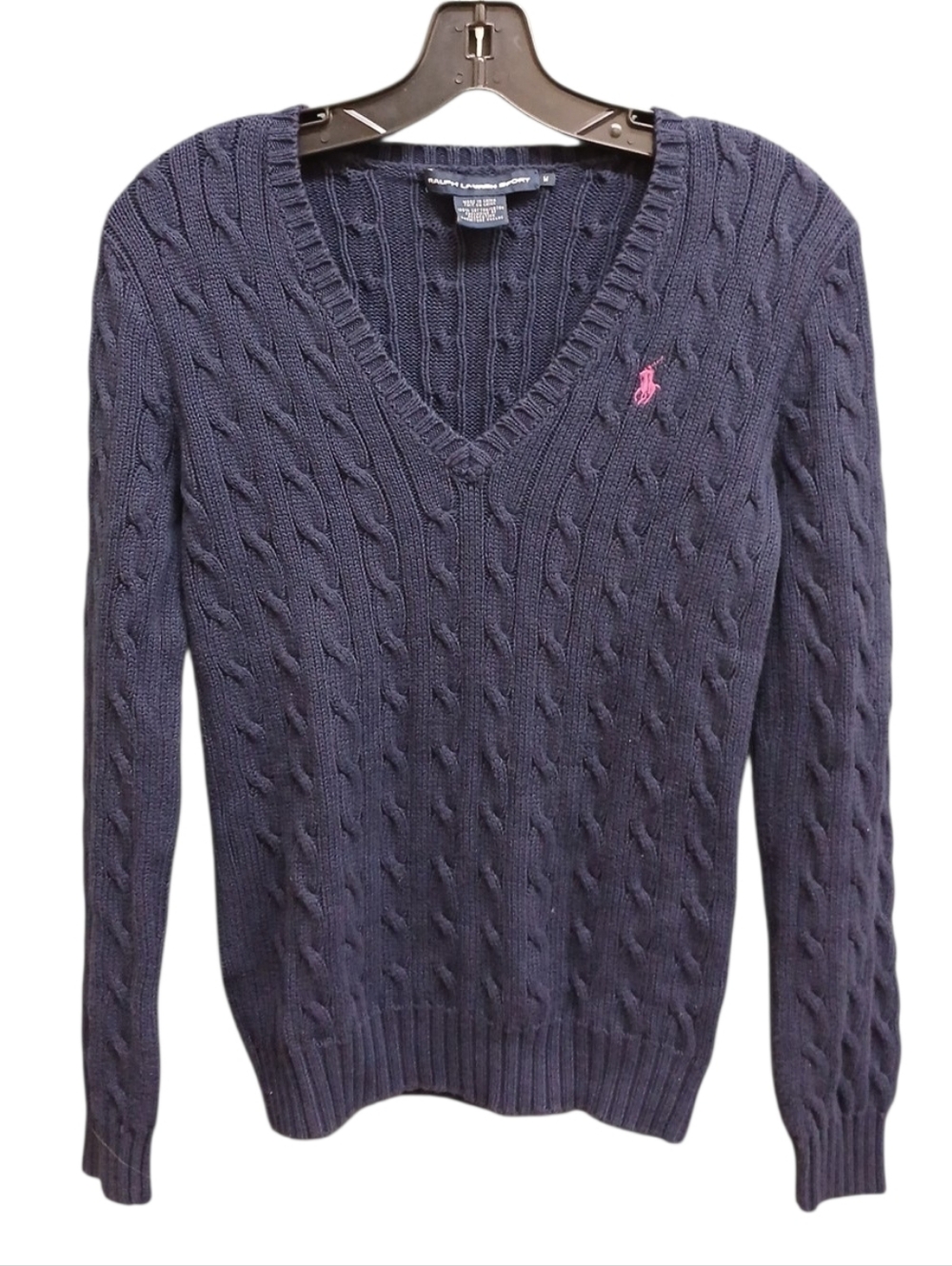 Ralph Lauren Sport Navy Cable-Knit V-Neck Sweater with Pink Polo Logo Medium